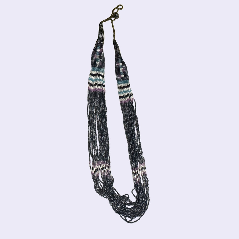 Vintage Handmade Multi-Strand‎ Seed Bead Necklace Blue Purple Statement